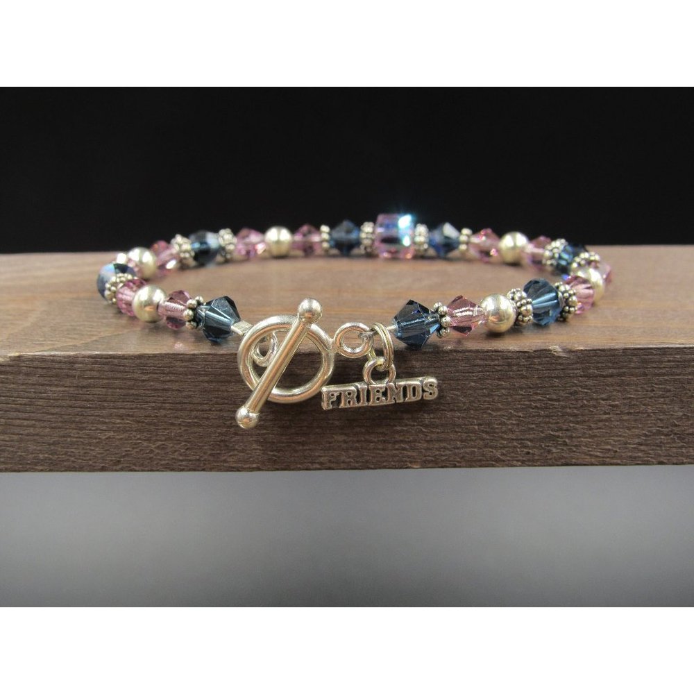 7" Sterling Silver Two Tone Crystal Friends Charm Bracelet Vintage Elegant
